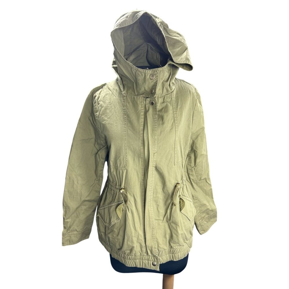 Womens Olive Green Hooded Utility Jacket With Drawstring Waist Pockets & Zip Clo